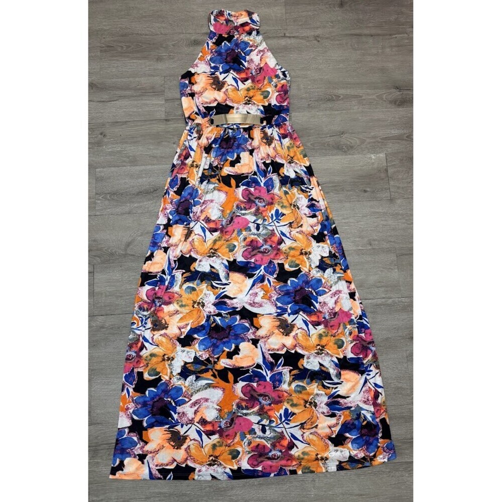 Floral Halter Maxi Dress Gold Waist Detail Tropical Resort Large - Picture 1 of 8